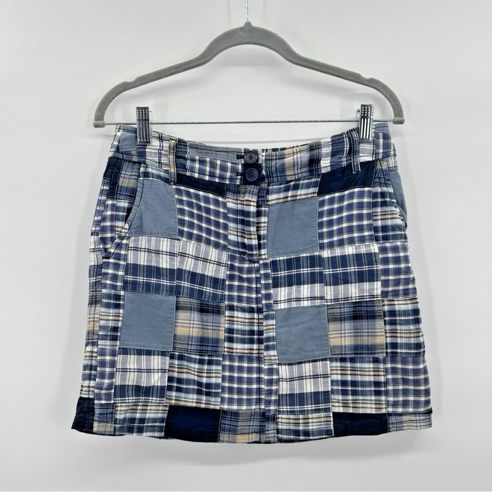 VTG Y2K Blue Tan White Madras Plaid Patchwork Skirt 4 Petite Preppy 90s Cottage